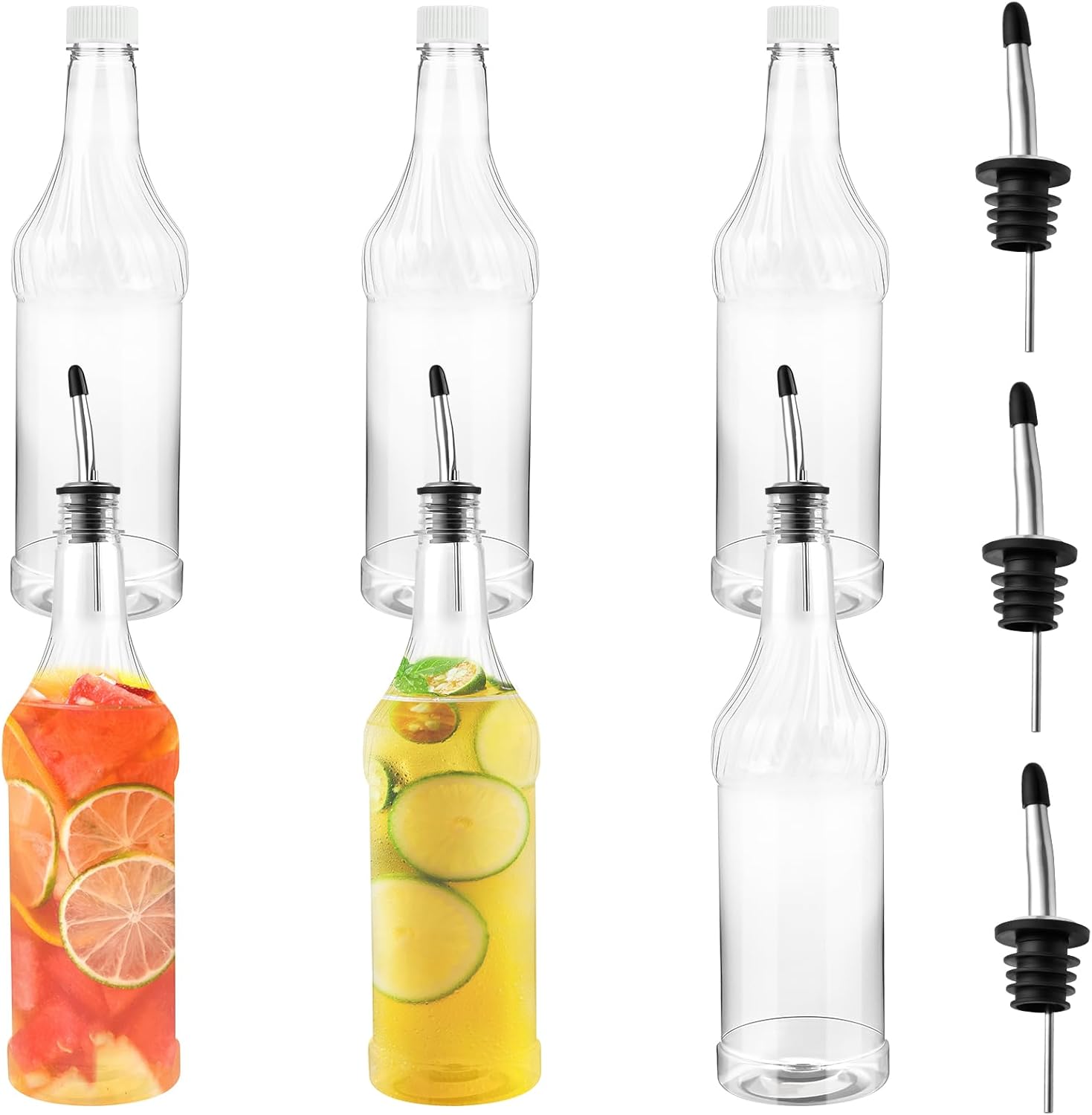 6 Pcs 32oz Plastic Long Neck Bottles with 6 Pcs Pourer and Caps,1000ml Plastic Juice Pour Bottles with Stainless Steel Bottle Pourer,Clear Empty Syrup Liquor Bottle with Tapered Spout for Bar