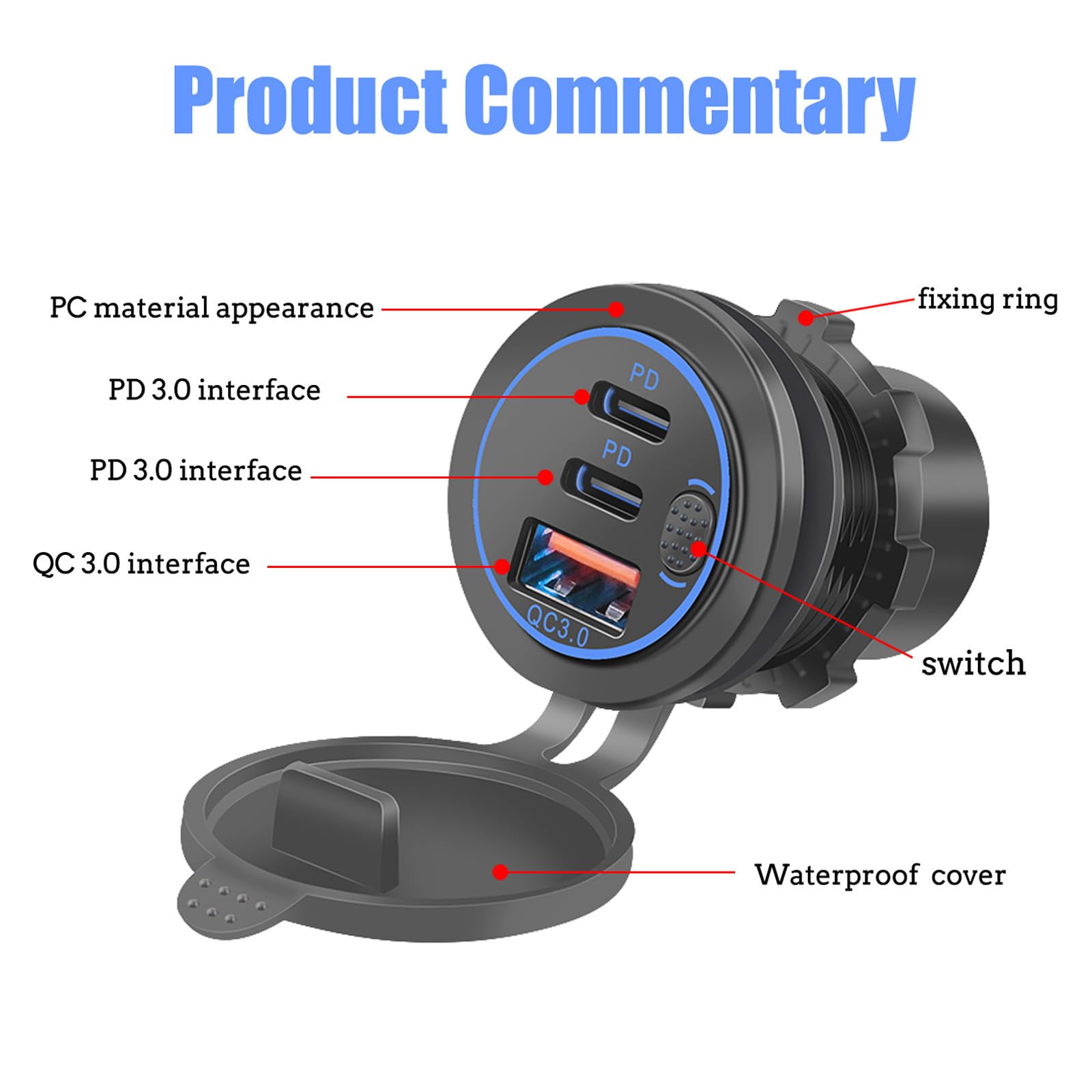 Prise USB 12 V, 75 W, PD et QC3.0 pour Moto, 12-24 V Prise USB étanche Encastrable avec Interrupteur et lumière LED Bleue, pour Voitures, Bateaux, Camions, Caravanes, Motos(2 Pièces)