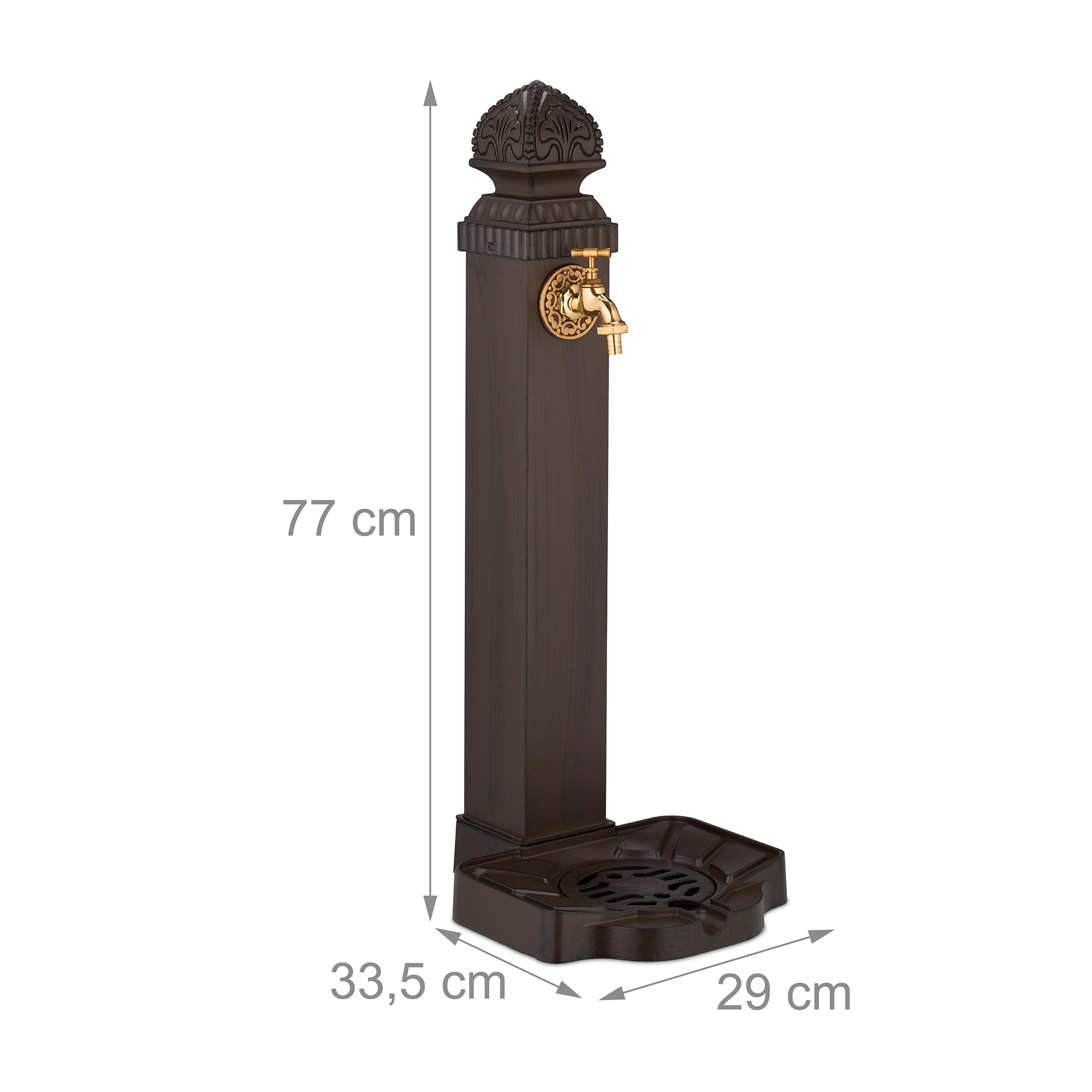 Relaxdays Standbrunnen antik, mit Wasserhahn & Becken, HxBxT: 77x29x33,5 cm, Wasserzapfsäule Garten, Terrasse, braun