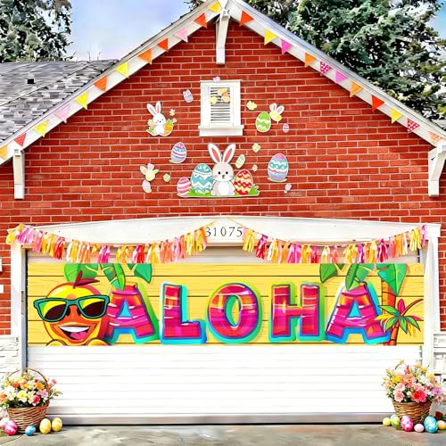 Image of Aloha Tropical Party Banner 78.7 x 17.7 Inch Colorful Letters with Pineapple Palm and Sunglasses Design Summer Luau Decoration for Yard Garden Wall or Indoor Celebration Display