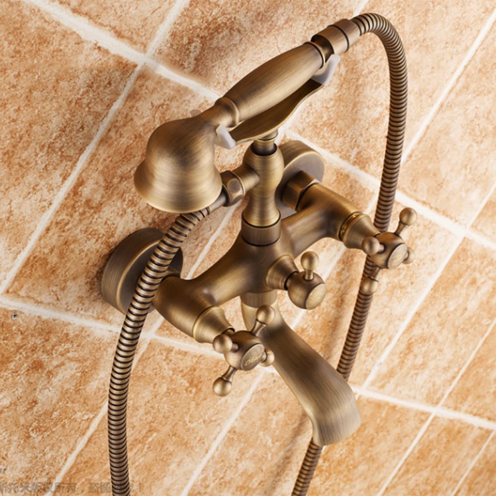 Grifería de ducha retro antigua, diseño vintage, con forma de teléfono, grifos de bañera, caño giratorio de 360°, con ducha de mano, grifo de ducha de doble mango para el baño