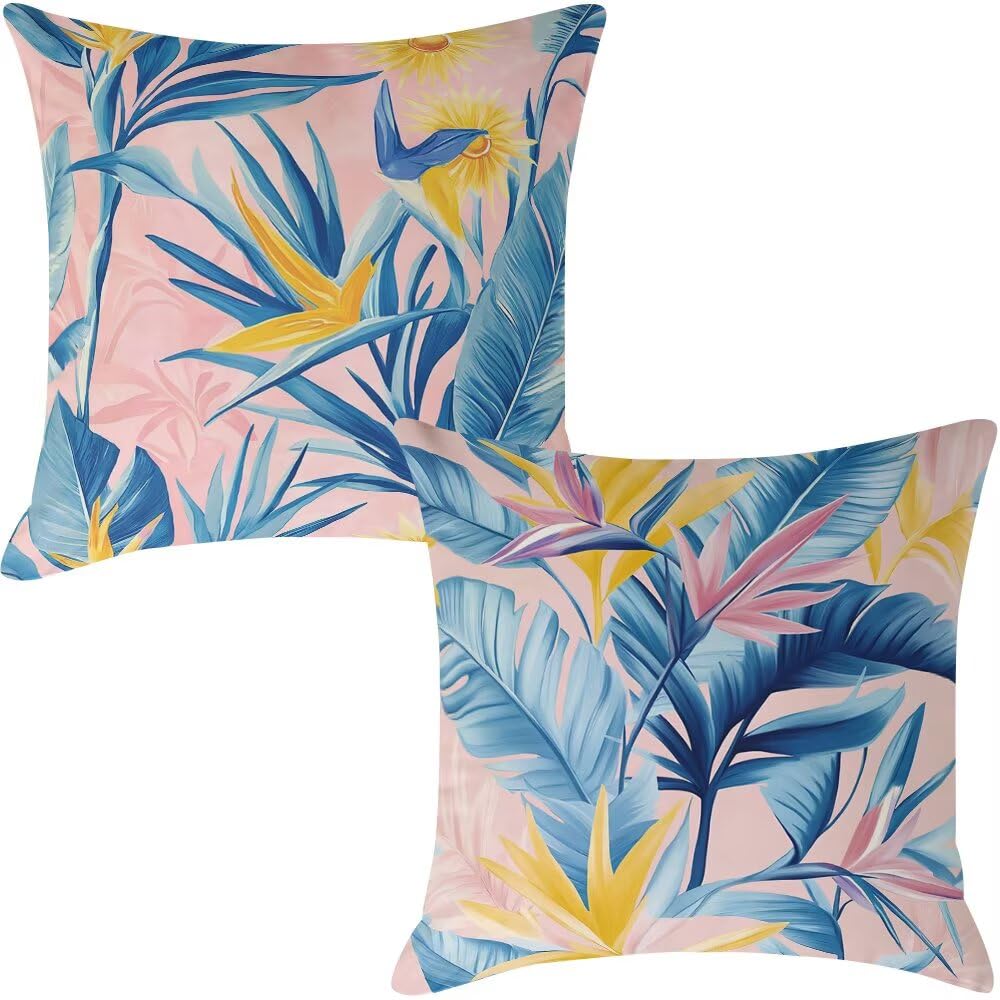 Federe Cuscini Divano 65x65 cm Federe Morbido Copricuscini Rosa in Velluto, 2 Pezzi Copri Cuscini per Divano Primavera Estate Federa Cuscino Piante Tropicali per Camera da Letto Soggiorno (IU71)