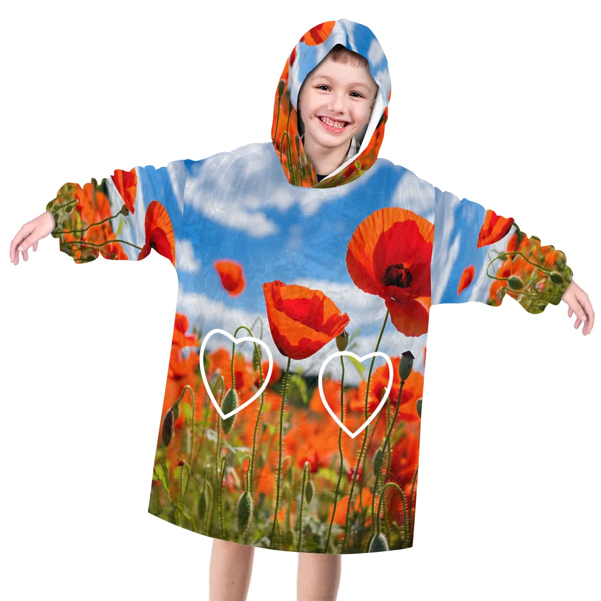 Wearable Blanket Hoodie for Kids, Lovely Florals Fleece Sweatshirt Blanket Oversized Blanket Sweatshirt with Pocket Flannel Warm Hooded Blanket 6-10 Year Old Girl Boy Gift, One Size