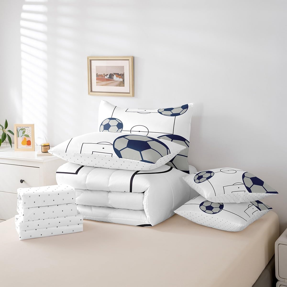 Feelyou Football Bedding Set Queen Size 7 Pieces Kids Football Court for Boys Girls Teens Soccer Ball Pattern Bedding Set Sports Theme Bed in a Bag with Comforter, Sheets, Pillowcases & Cushion Cover