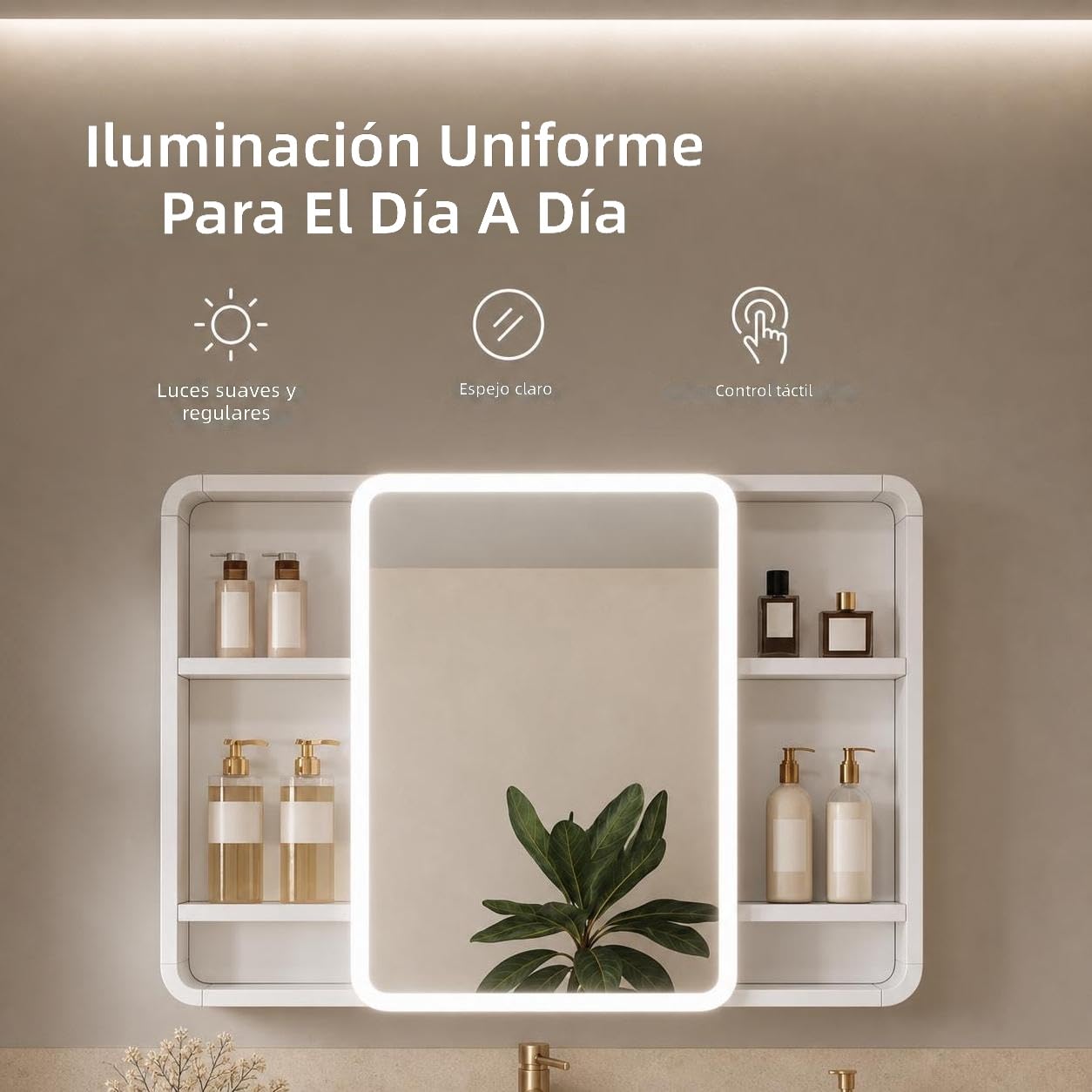 Armario de baño Mural Alto con Espejo Redondo, Cuerpo de Aluminio Espacial, Almacenamiento multinivel, iluminación, Sistema eléctrico antivaho, Control táctil, Enchufe y Barra