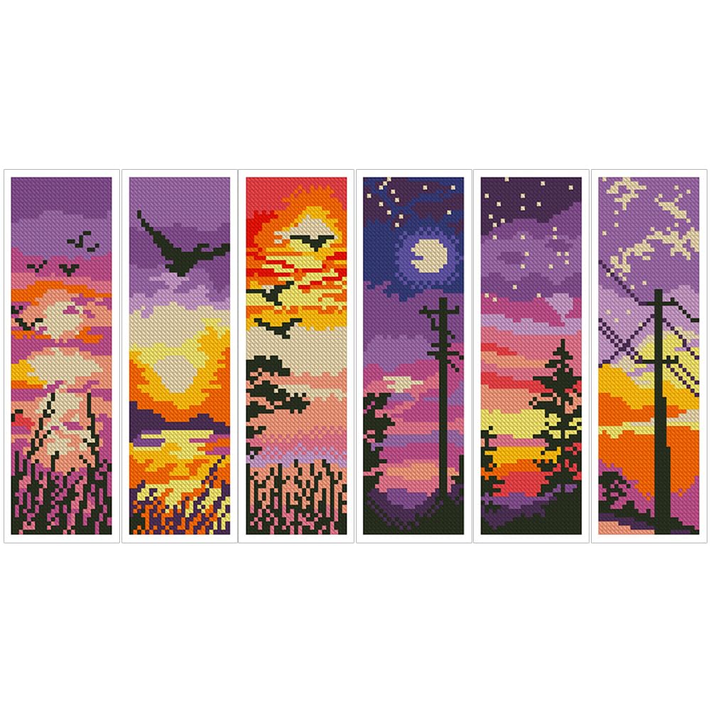 6 Pcs Dusk 11 CT DIY Stamped Cross Stitch Bookmark Kit for Book Lovers Starter Embroidery Bookmark Kit with Instruction 8x2.4inch