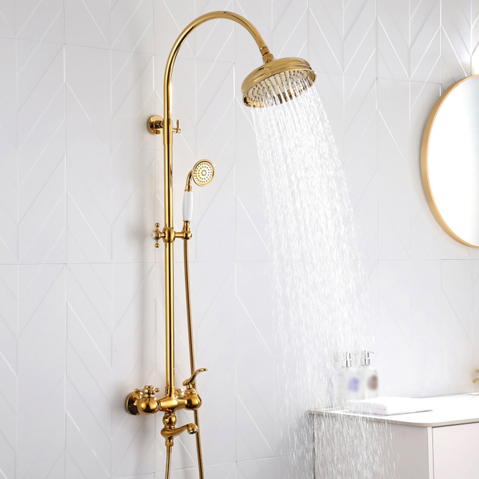 Pommeau de douche et flexible dorés avec colonne de douche réglable