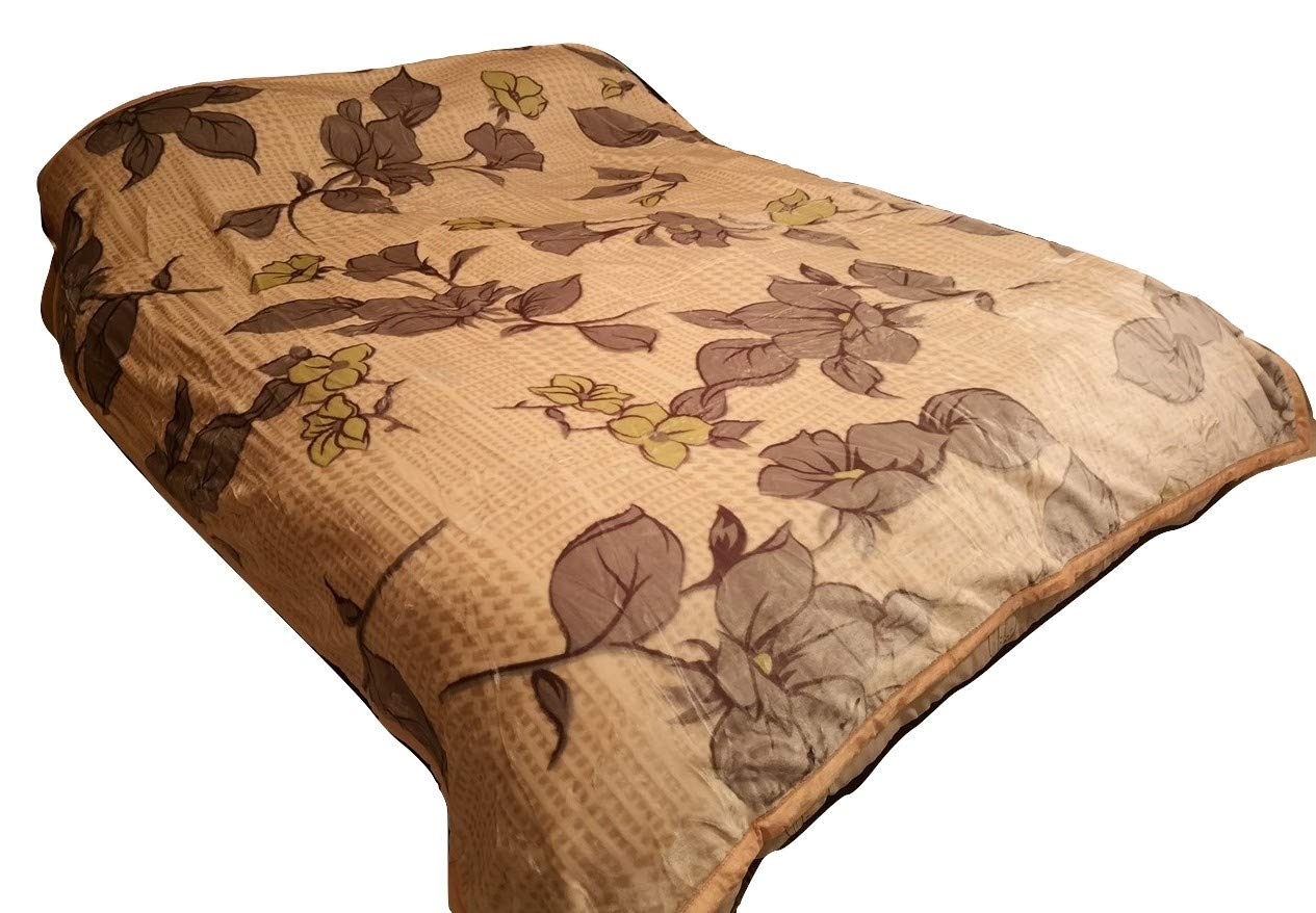 Supersoft Mink Flannel Fleece Faux Fur Throw Blanket Bedspread Bed Sofa Kingsize (200x240cm) (Beige with Grey & Green Flowers)