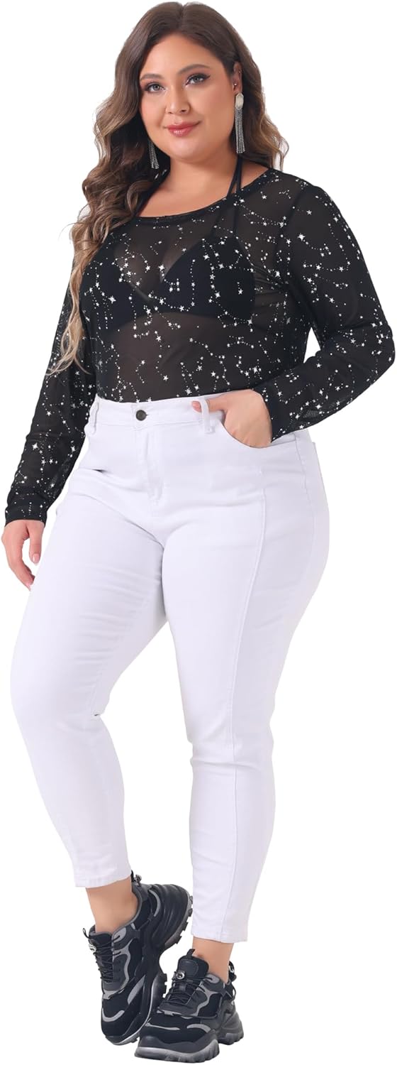 Agnes Orinda Plus Size Women's See Through Mesh Tops Long Sleeve Crew Neck Sexy t Shirts Party Club Outfits Blouses - Image 3