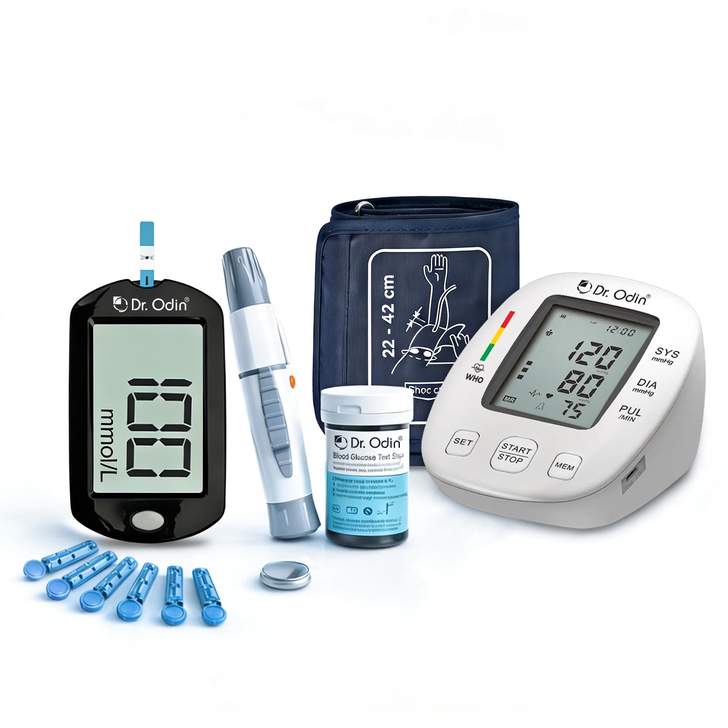 dr. odin bp monitor & glucose meter combo kit for home use | digital automatic blood pressure machine obp104 with adjustable cuff + blood sugar testing machine ac307 with 25 test strips, 25 lancets & lancing device | bp & sugar monitor kit