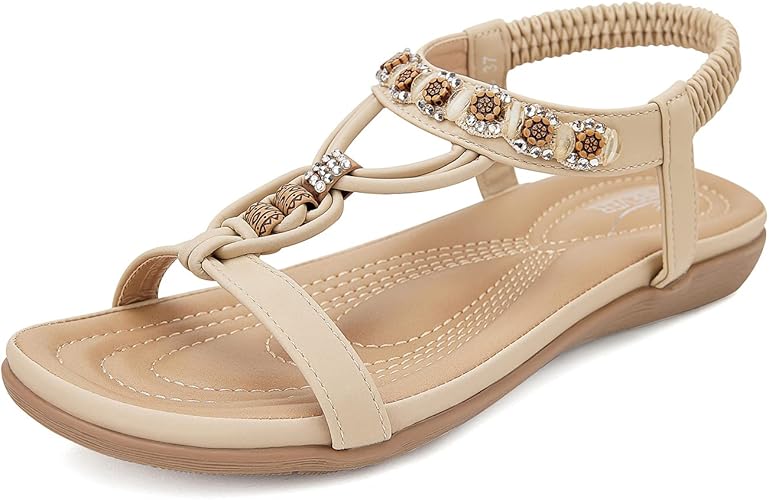 SHIBEVER Womens Sandals Summer Bohemian Flat Sandals Shoes with Elastic Strap Dressy Sandal