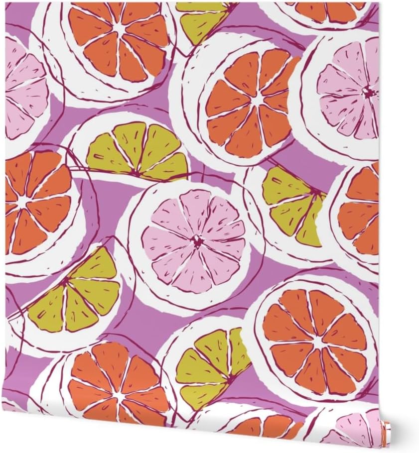 Spoonflower Commercial Grade Wallpaper 27ft x 2ft - Funky Citrus Pink Yellow Purple Orange Fruit Fresh Traditional Wallpaper