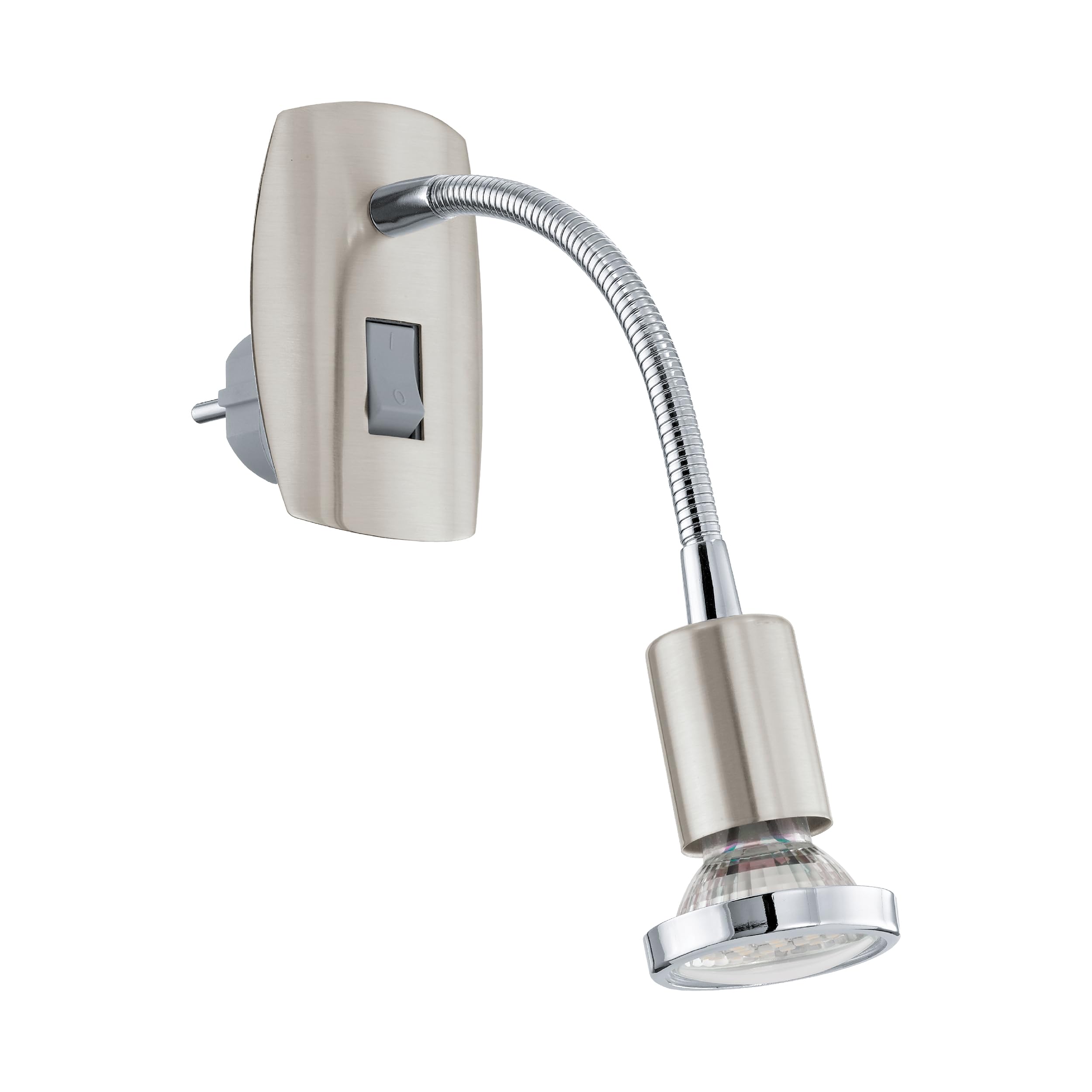 Eglo LED Night Light Plug in wall Mini 4, Spotlight with Switch and Flexible arm, Reading lamp, Silver and Chrome-Coloured Steel, GU10