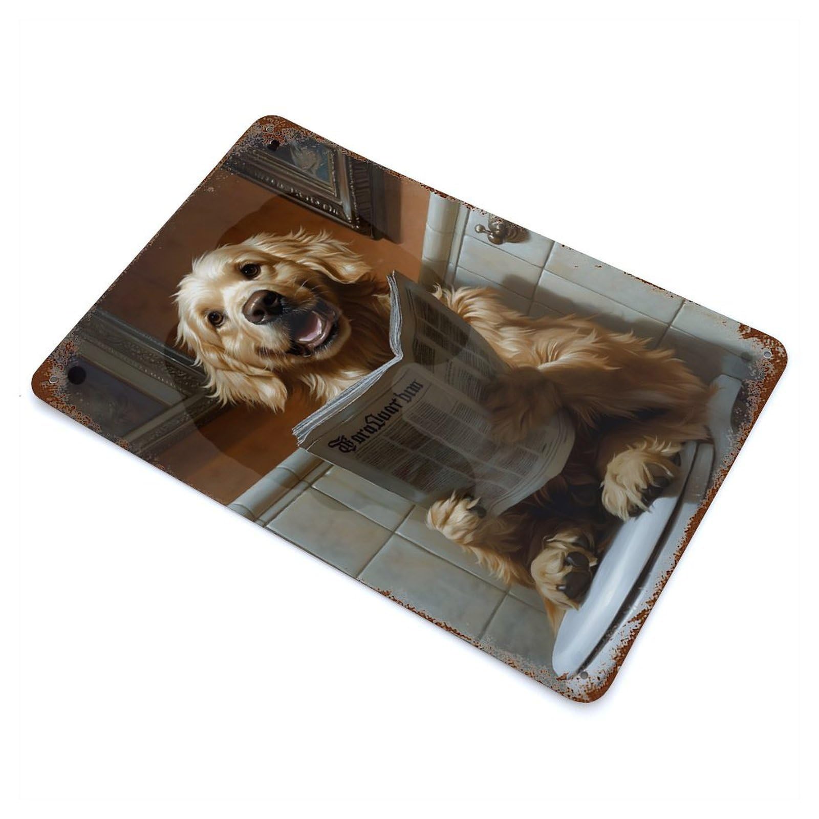 Golden Retriever Reading Newspaper on Toilet Decorative Tin Sign 11.8"x7.9", Farmhouse Wall Decor for Living Room, Hallway And Home Decor