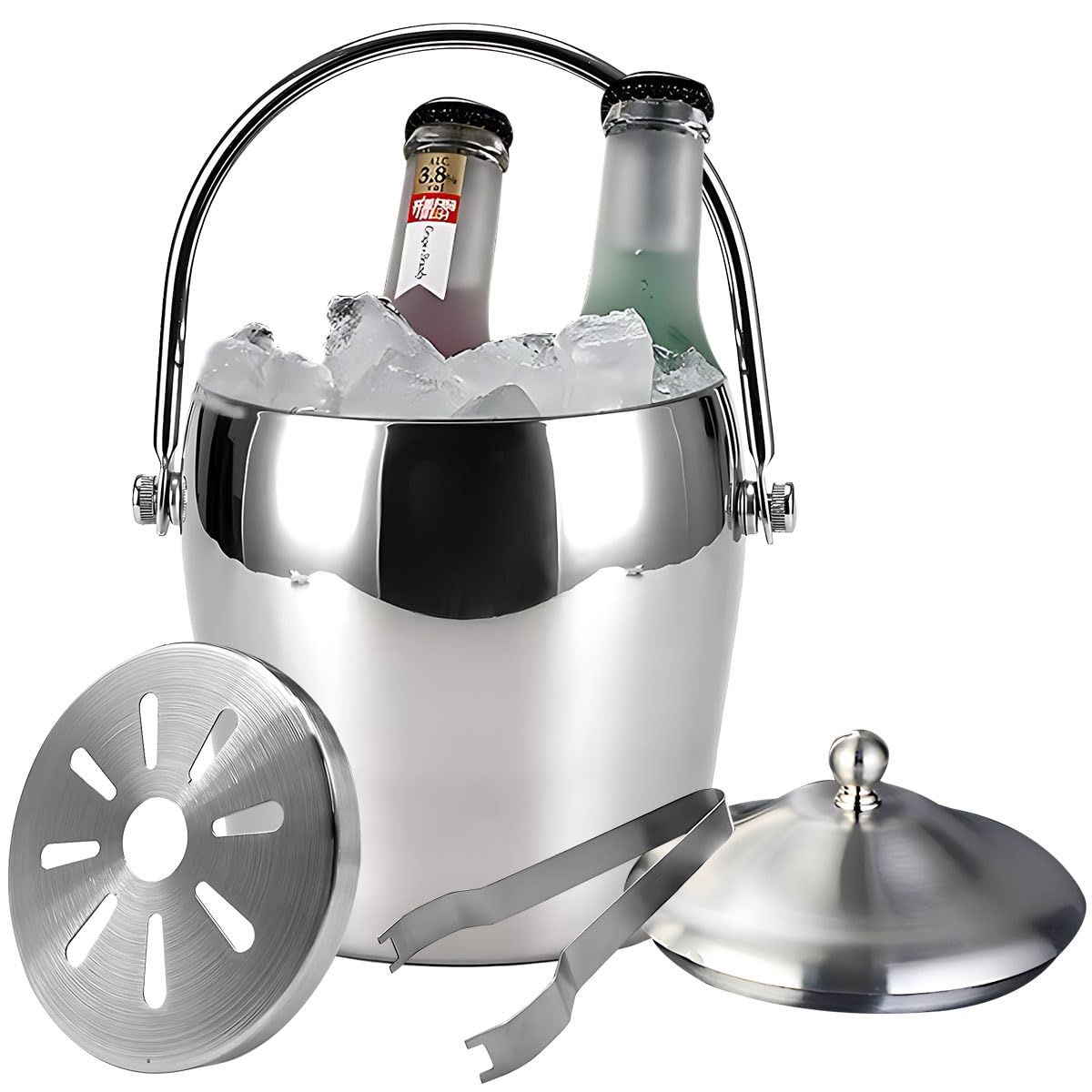 Gluckluz Ice Bucket 1.2L Ice Cube Container Stainless Steel Insulated Double Wall Wine Champagne Bucket with Lid & Tong & Strainer for Party Camping Cocktail Bar Picnic Outdoor Indoor（Silver）