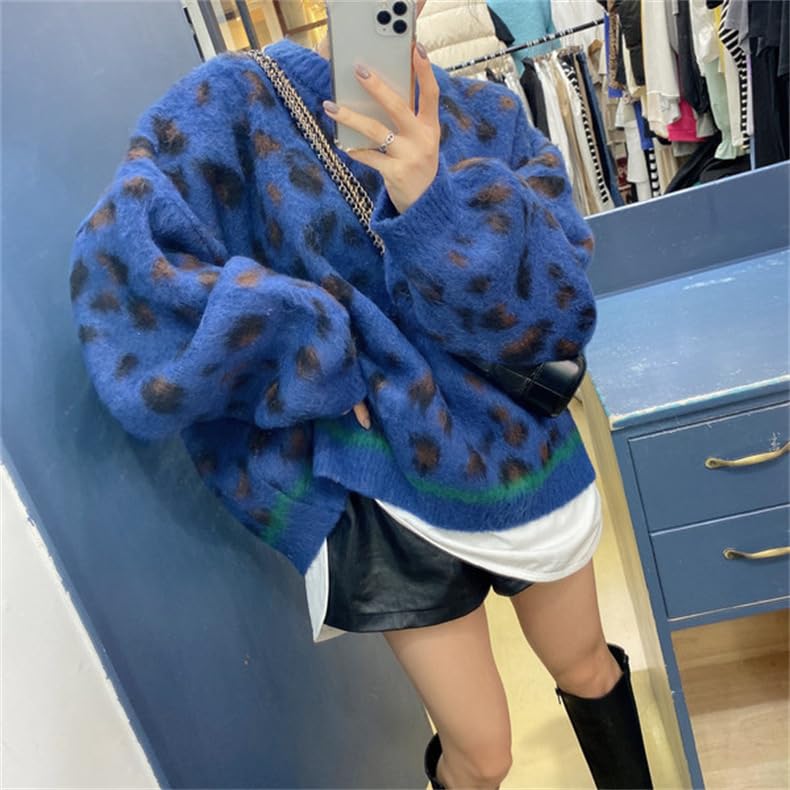 Obenie Women's Leopard Print Round Neck Sweater Oversized Casual Loose Basic Harajuku Pullover Y2K Sweater2
