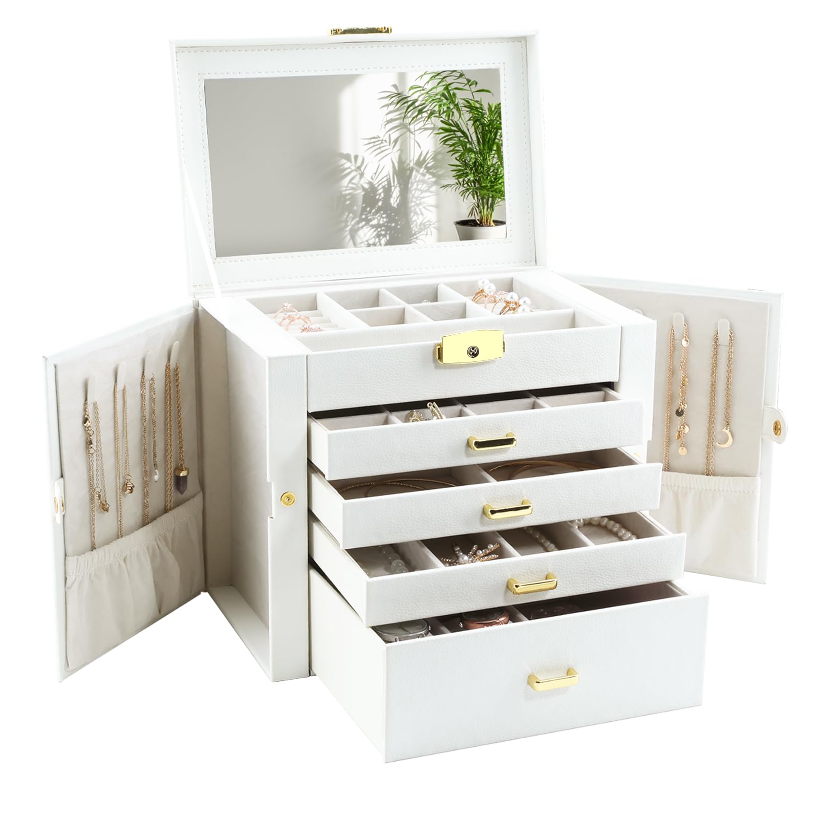 Schmuckschatulle für Frauen, 5-lagige Schmuck-Organizer-Box, große Schmuck-Aufbewahrungsbox für Mädchen, Schmuckhalter, Organizer, Geschenk für Valentinstag, Weihnachten, Neujahr (weiß)