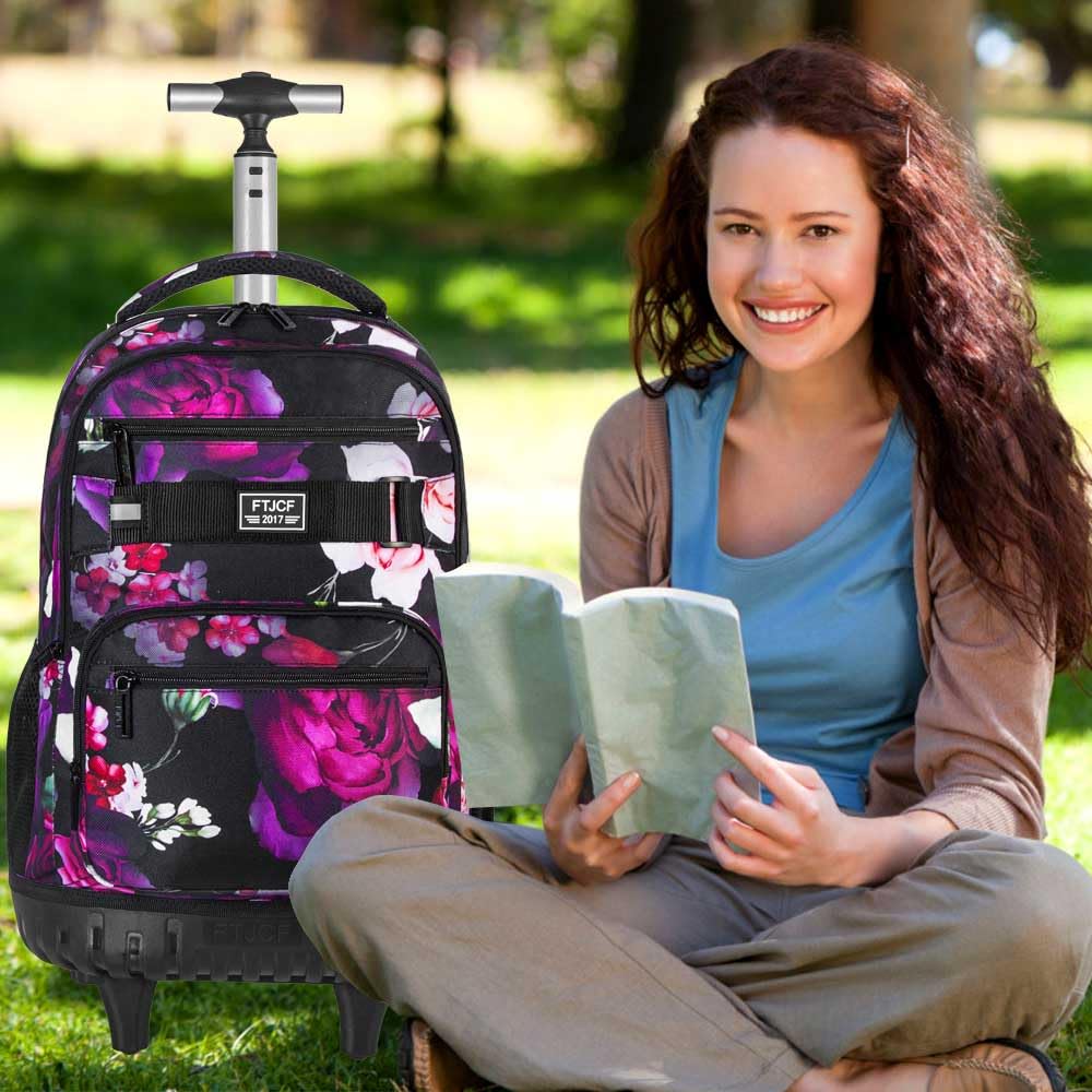 FTJCF 3Pcs Rolling Backpack for Girls, 19 Inche Rose Roller Bag with Wheels, Adults Wheeled Bookbag Set for Women(Black)