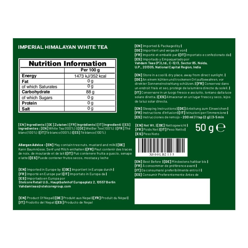 VAHDAM, Té Blanco - Imperial Himalayan (50g) Hojas de Té Blancas Imperiales de Himalaya | Hojas blancas de té sueltas | Blanco