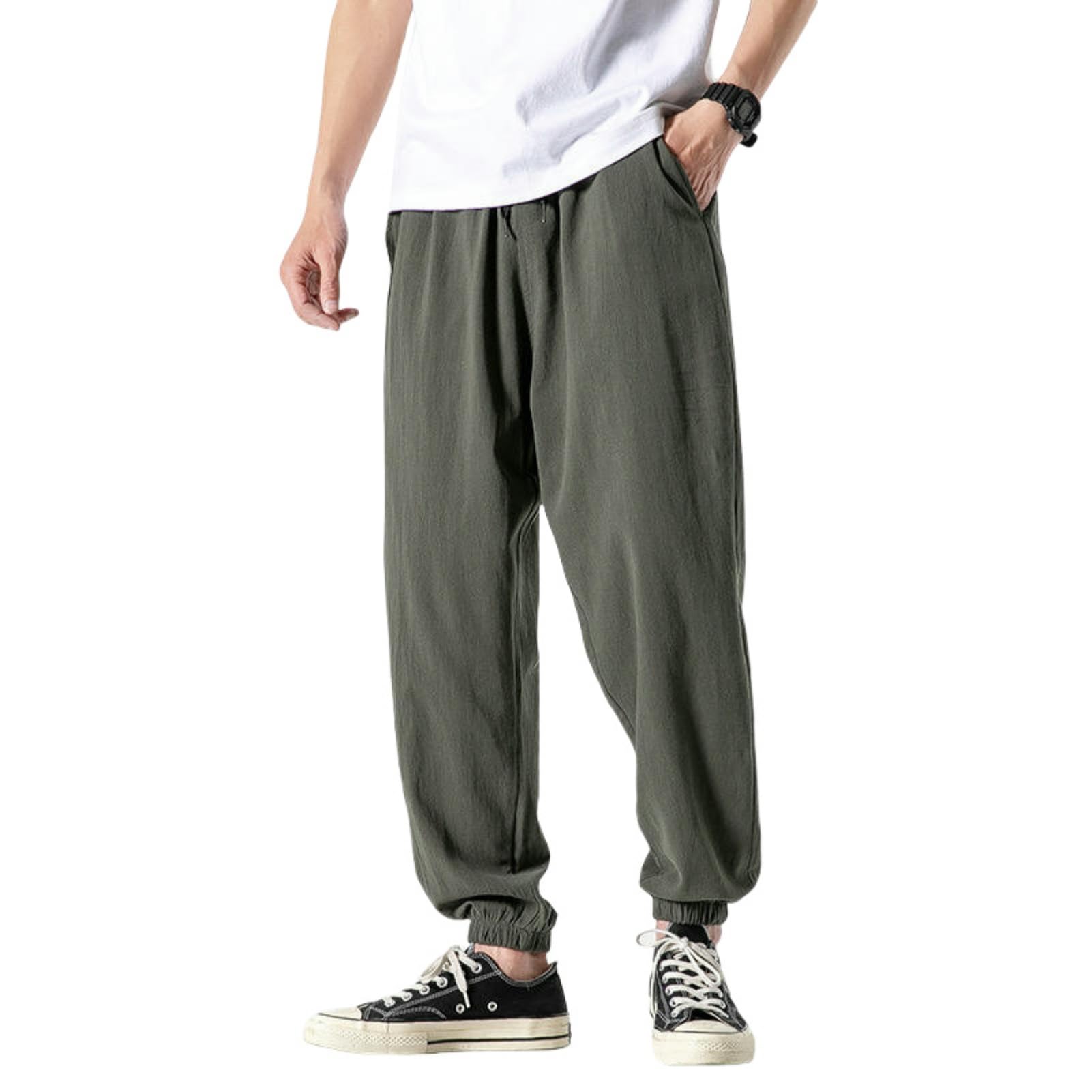 Męskie letnie cienkie japońskie koreańskie style modne luźne joggery dziewięćdziesiąte lniane sportowe spodnie na co dzień