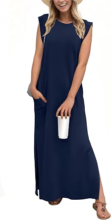 HiMONE Womens Petite Maxi Dress Round Neck Loose Split Wrinkle Free Pockets | Petite Fit, Maxi Length, Round Neck, Loose Fit, Split Hem, Wrinkle Free, Pockets