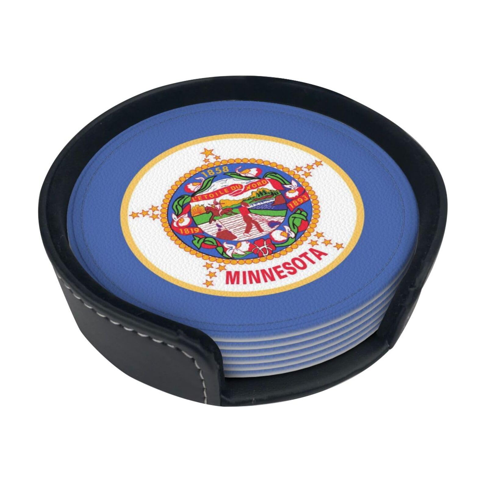 Minnesota State Flag Leather Coasters-Set of 6 with Storage Holder