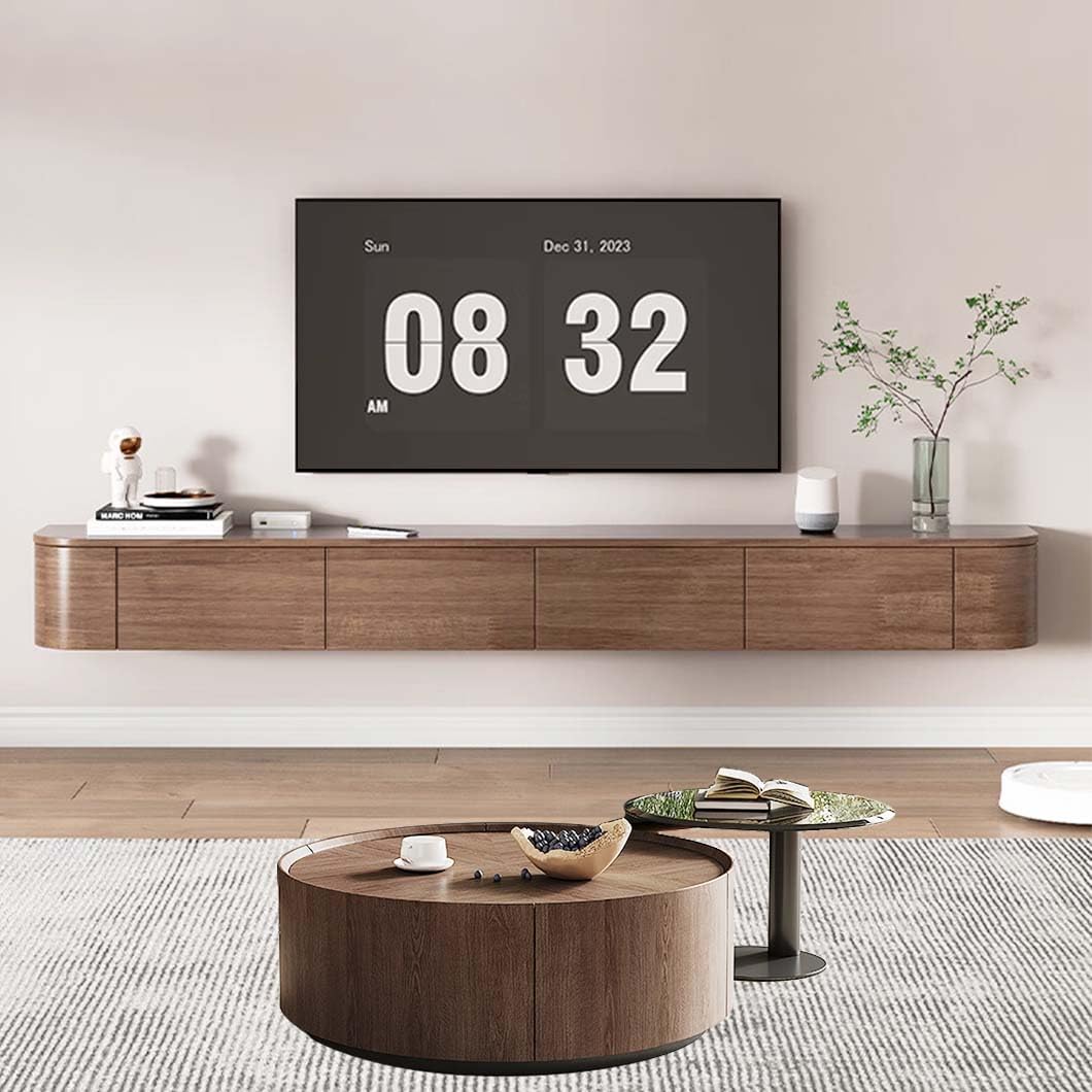 LED Wisząca Szafka TV z Pełnego Drewna | Nowoczesna Konsola Ścienna z Drzwiczkami Klapowymi | Przestronna Szafka pod Telewizor do Salonu i Biura (Brązowy, 220 cm)