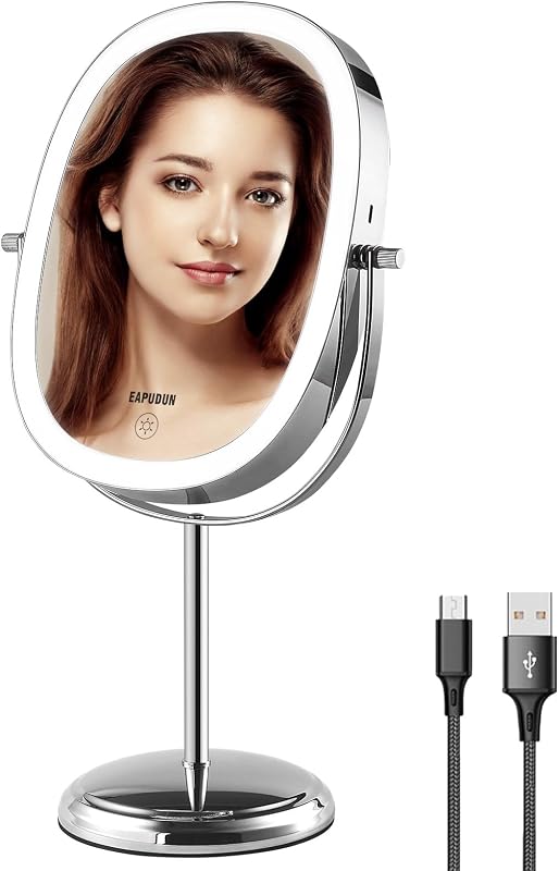 Espelho para maquiagem EAPUDUN com luz, 9 polegadas, dupla face, ampliação 7X, 3 modos de iluminação, recarregável, rotação de 360° e 84 LEDs