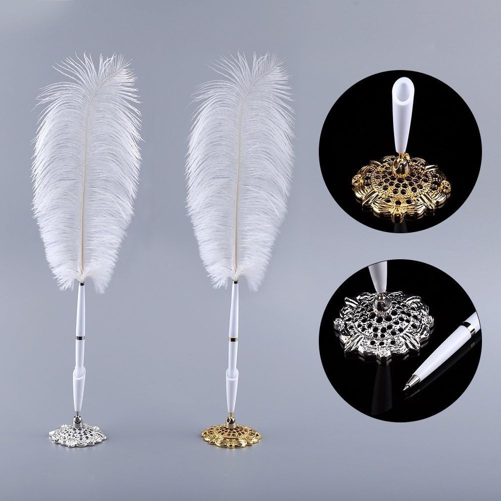 Yosoo Quill Pen White Signing Pen Wedding Reception Guest Pen with Gold/Silver Metal Base (Gold)