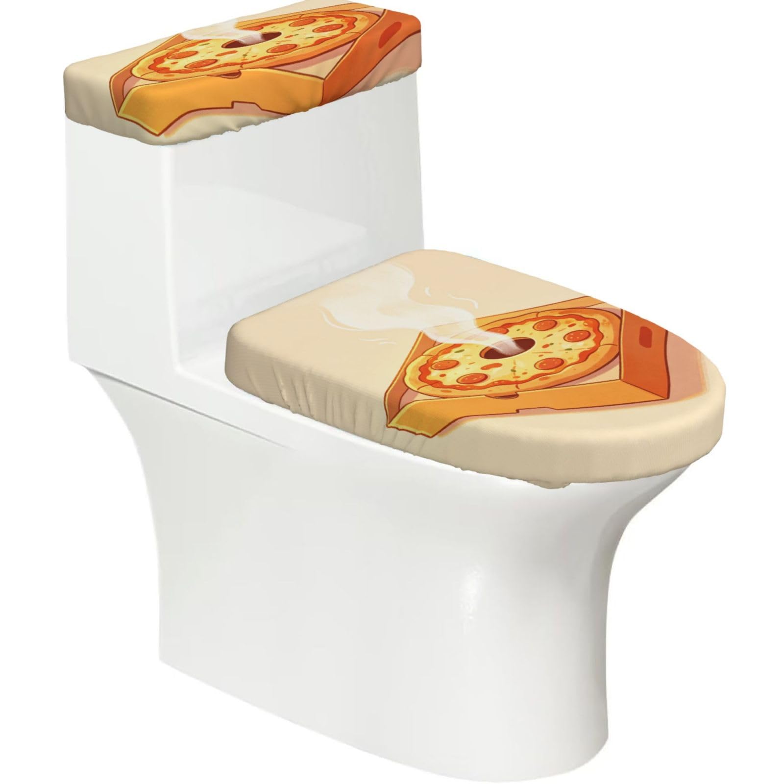 Pizza Box Top Elastic Toilet Cover Set of 2-Stretchy Lid and Tank Covers for Bathroom, Soft Washable U Shape Toilet Decor
