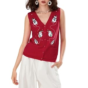 Women Christmas Button Down Sweaters Vest Vintage Santa Embroidered Sleeveless Knit Tank Top Holiday Ugly Xmas Vest