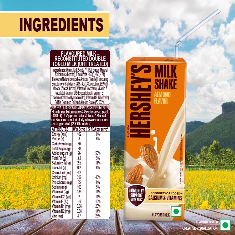 Image of HERSHEY's Almond Flavored Milkshake | Enriched With Calcium | Pack Of 6 (6 X 180Ml), Vegetarian