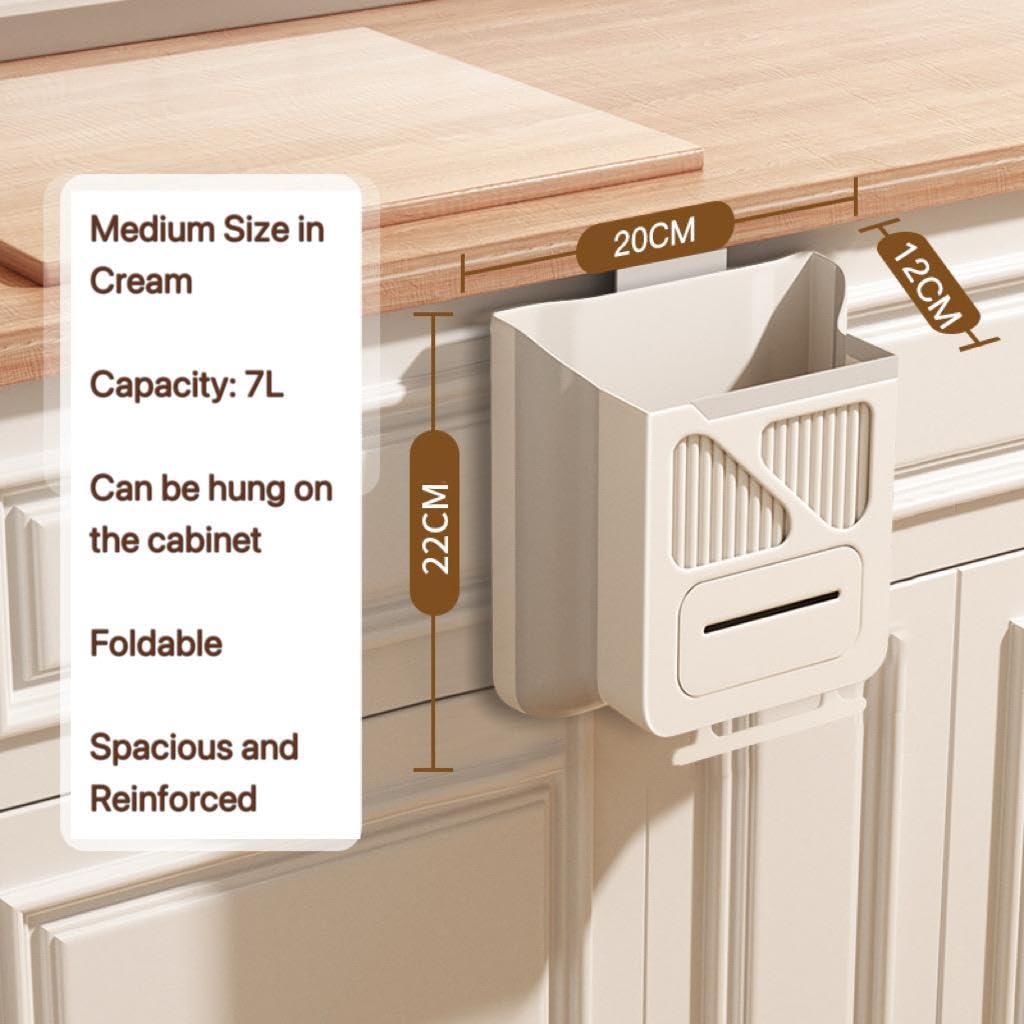 Hanging Trash Can for Kitchen Cabinet Door, 1.85 Gallon Kitchen Trash Can with Space-Saving Design, Collapsible Garbage Can for Kitchens,Cabinet Door, Bathroom, with Trash Bag Compartment - Cream image 2