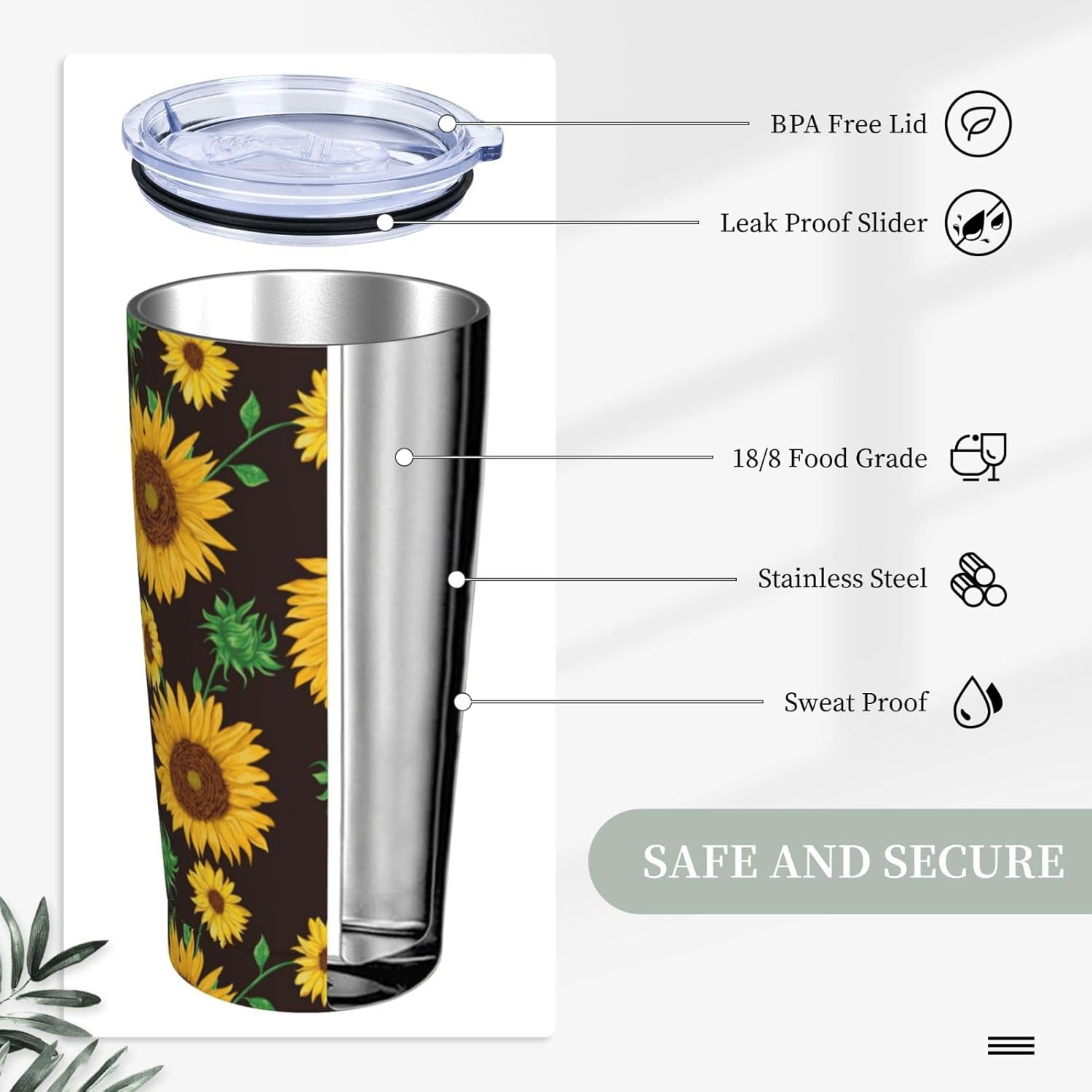 Sunflowers Tumbler 20oz Floral Stainless Steel Insulated Tumblers with Lid and Straw Flowers Travel Coffee Mug Tea Wine Cups Water Bottle Gifts for Women - Image 4
