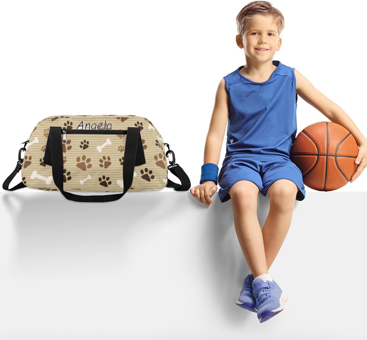 Vintage Animal Dog Paw Print Bone Personalized Kids Duffel Bag for Girls Boys Custom Name Sport Gym Bag Small Overnight Weekender Tote Bag Carry on Teen Dance Bag for Traveling Gymnastic Ballet