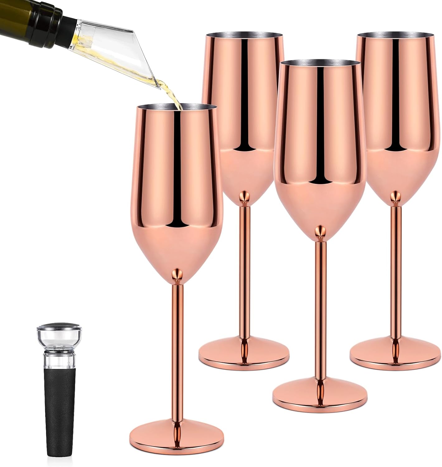 Lifecapido 4 Pack Stainless Steel Champagne Glasses, 8oz Elegant Stainless Steel Champagne Flutes, Stemmed Unbreakable Champagne Glasses for Party Wedding Christmas Anniversary, Rose Gold