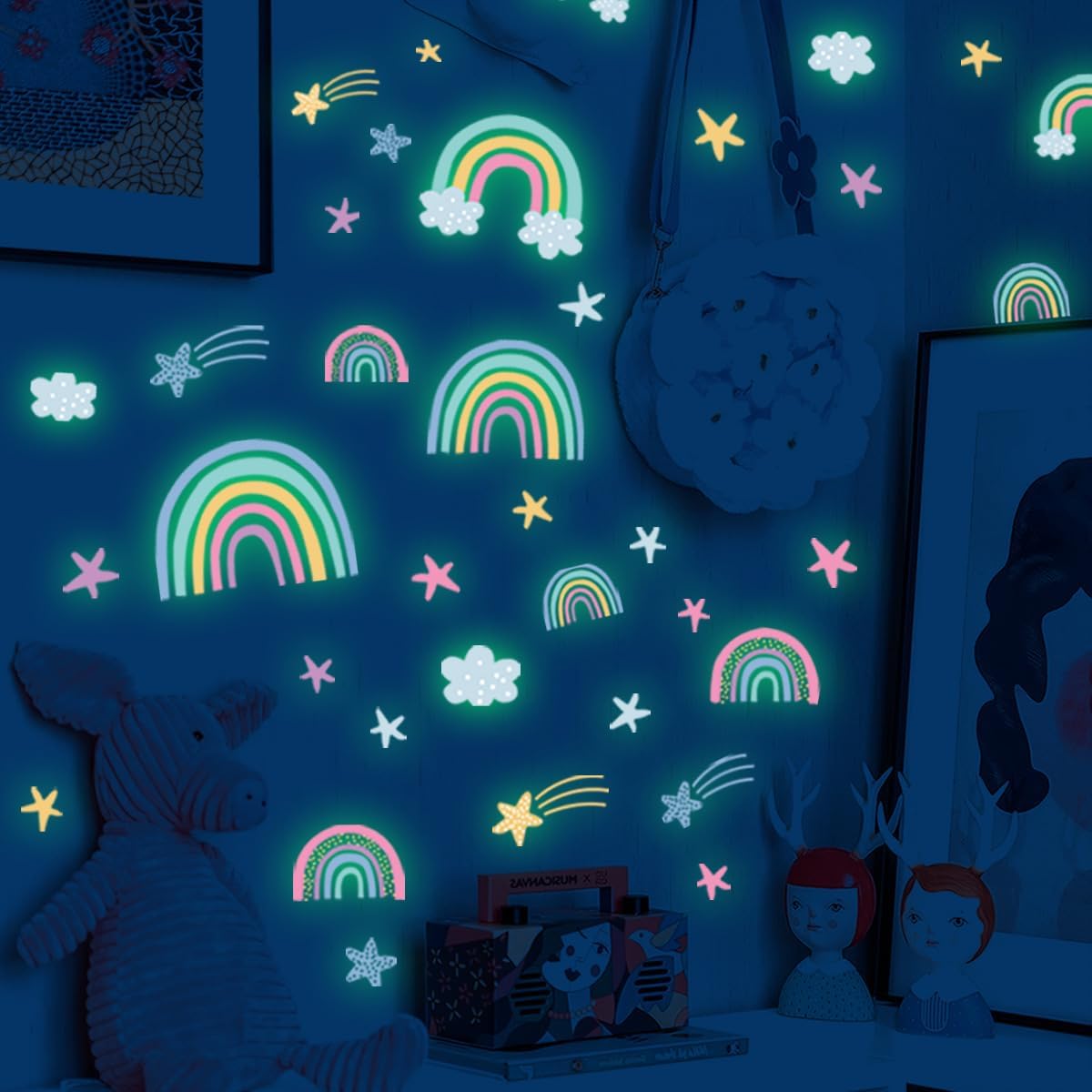 Glow in The Dark Star Wall Stickers,Glow in The DarkRainbow Wall Decor Stickers Watercolor Heart for Girls Boys Baby Bedroom Nursery Wall Decor (Rainbow)