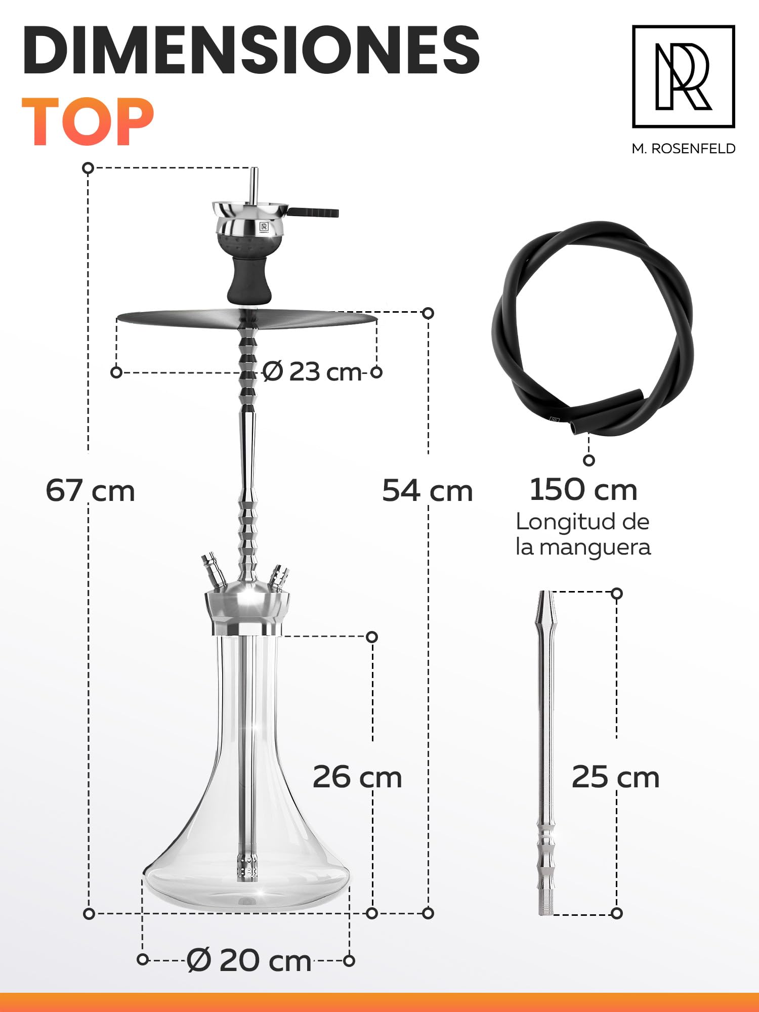 M. ROSENFELD Shisha de Acero Inoxidable V2A | Set Completo con Manguera y Cabezal | Hookah Premium con Cámara Cerrada y 1 Conexión (para 2 Mangueras) (Steel One)