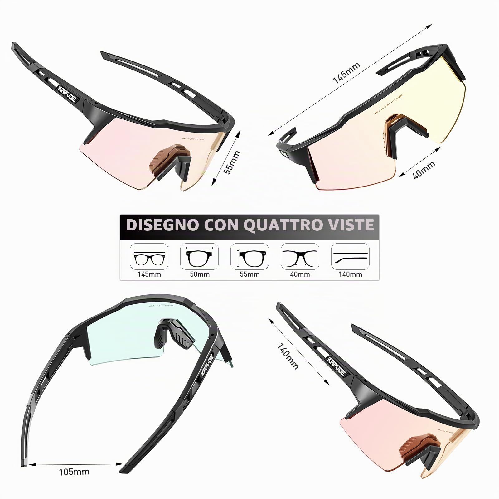 KAPVOE Occhiali da ciclismo fotocromatici UV400 uomo donna TR90 K9023 | Occhiali da ciclismo fotocromatici, UV400 Protezione, Struttura TR90 e supporto interno integrato
