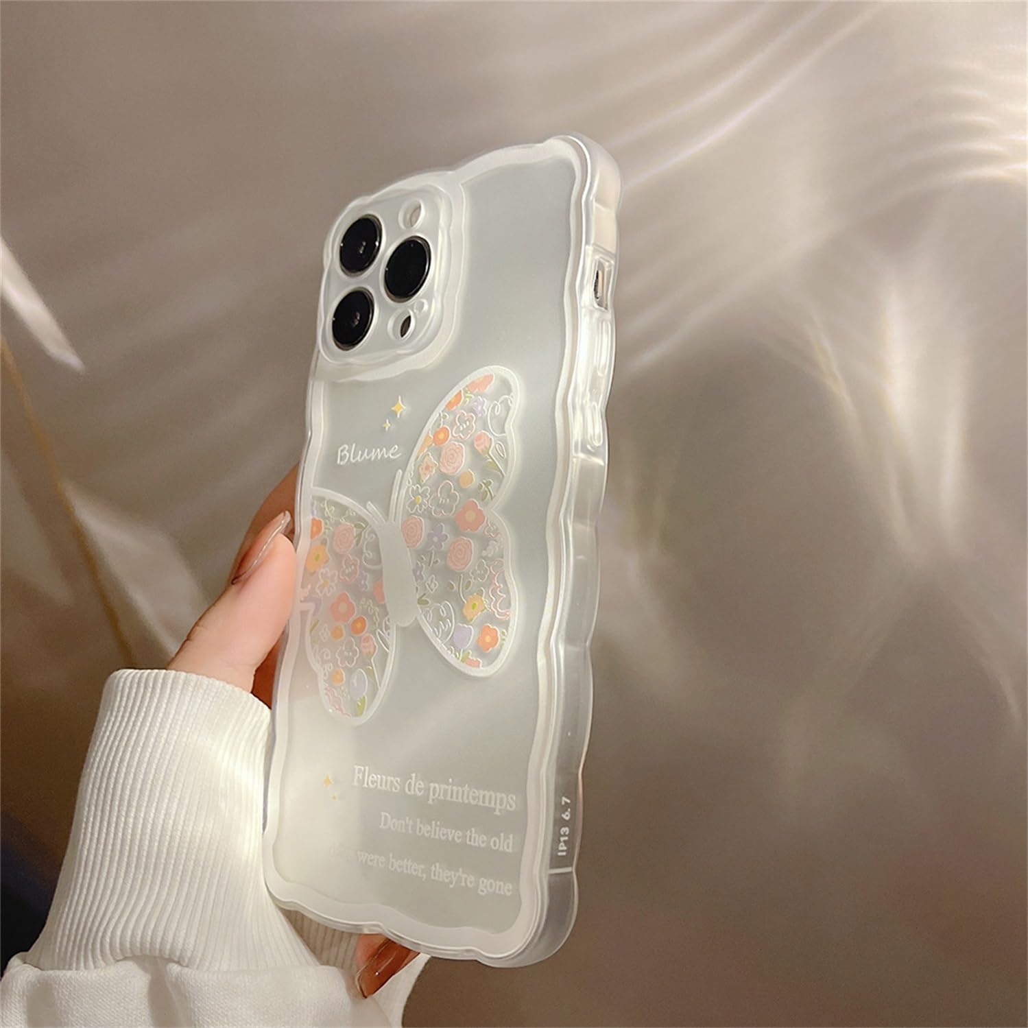 Custodia trasparente per iPhone 15, con motivo floreale astetico, farfalla, silicone TPU, design con bordo ondulato, per ragazze, custodia protettiva per iPhone 15
