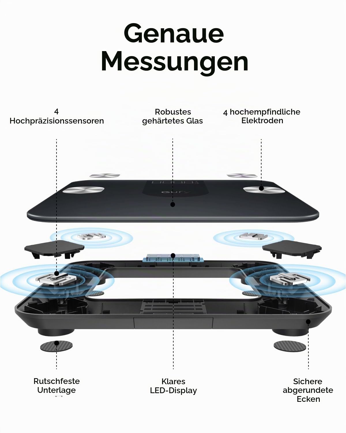 eufy Waage für Körpergewicht, Digitale Personenwaage mit Bluetooth, Körperfettwaage, 12 Messungen, Gewicht/Körperfett/BMI, Fitness Körperzusammensetzungsanalyse, Schwarz, lbs/kg, Smart Waage A1