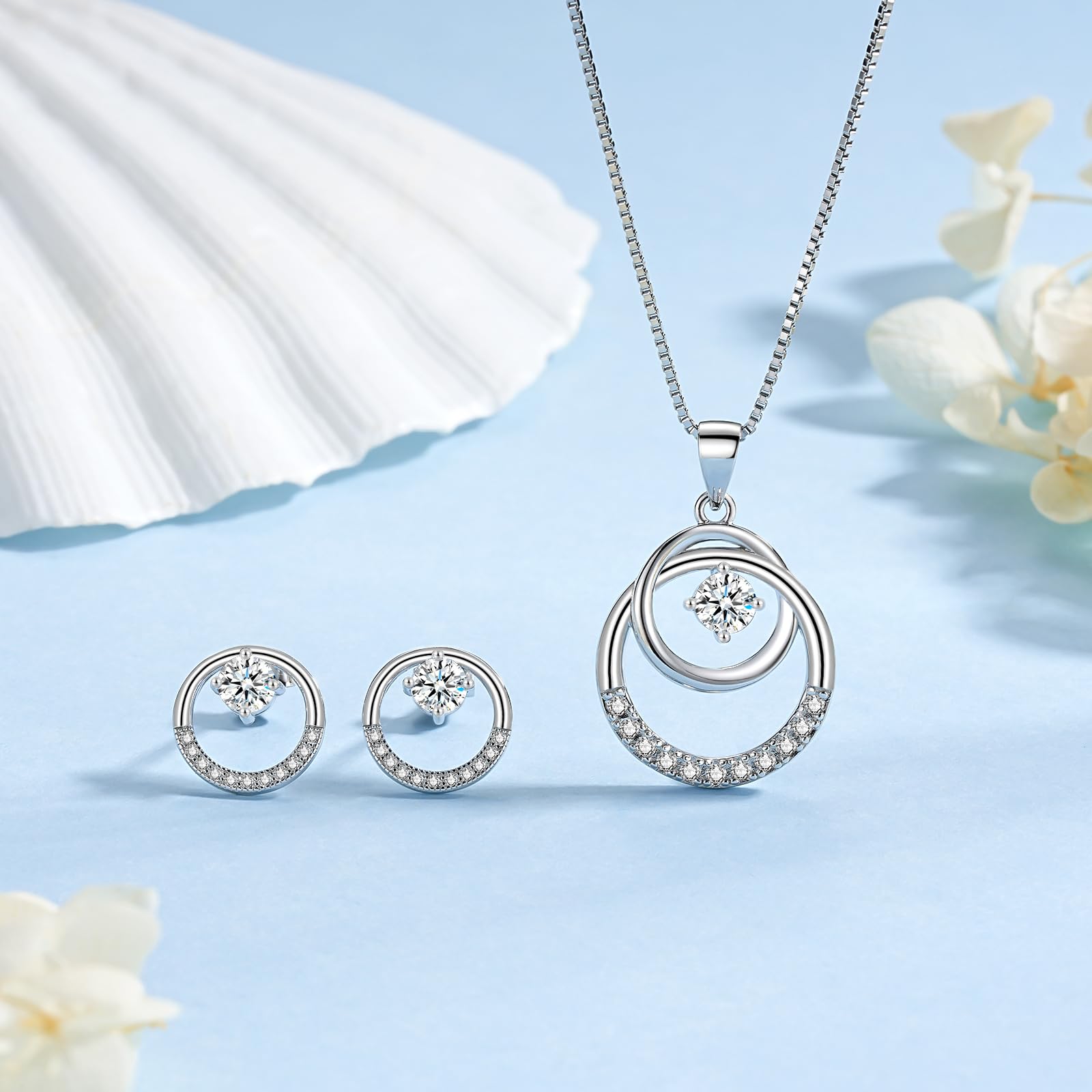 Schmuckset Silber 925 Damen, 925 Sterling Silber Halskette & Ohrstecker Set mit Cubic Zirkonia, 45+5cm Silberkette mit Anhänger, 11mm Silber Damen Ohrstecker, Geburtstag Geschenk für Frauen