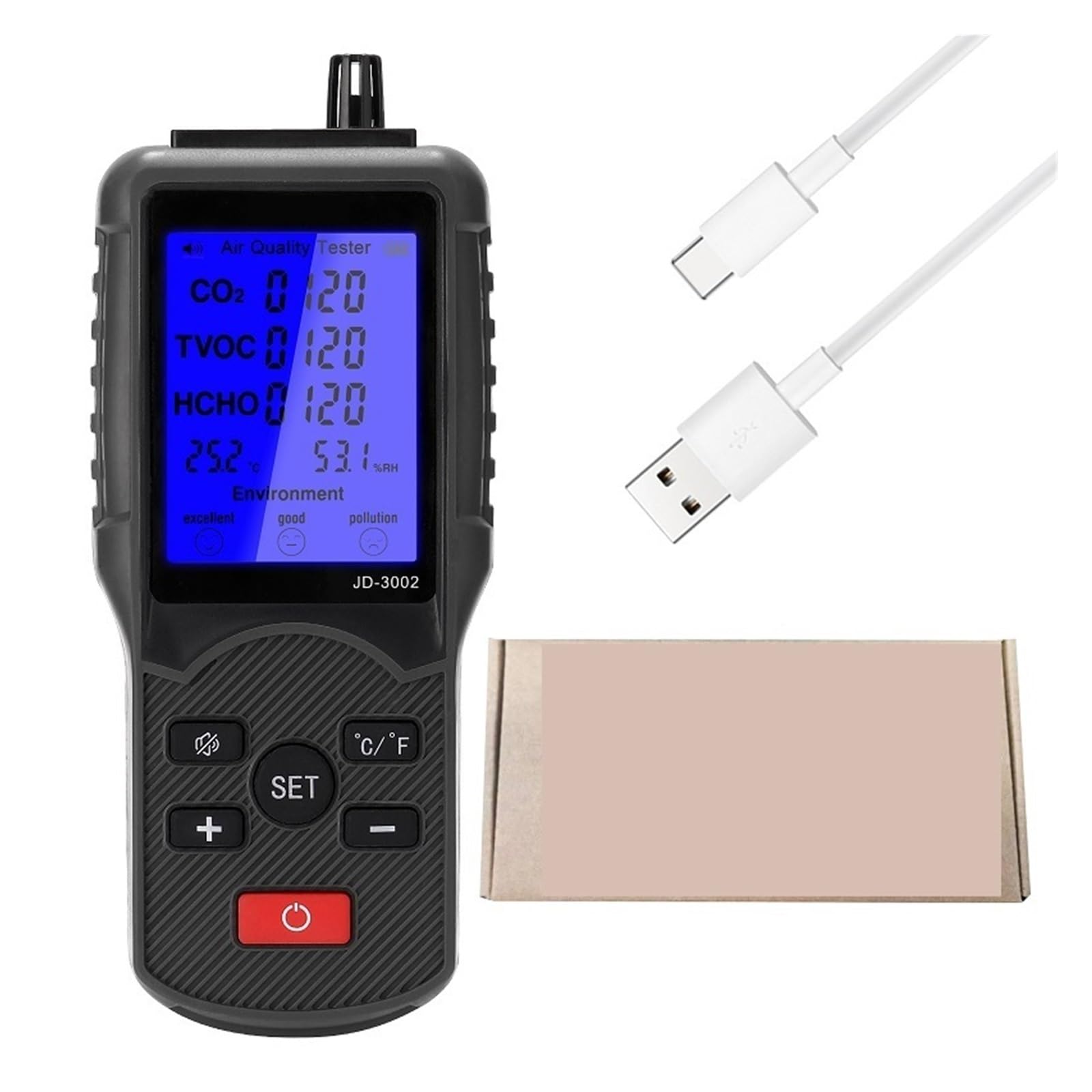 Air Quality Monitor Indoor, JD-3002 Air Quality Tester Multifunctional CO2 TVOC Meter Temperature Humidity Measuring Device CO2 Detector for Home(Paper Box Type)-image-18