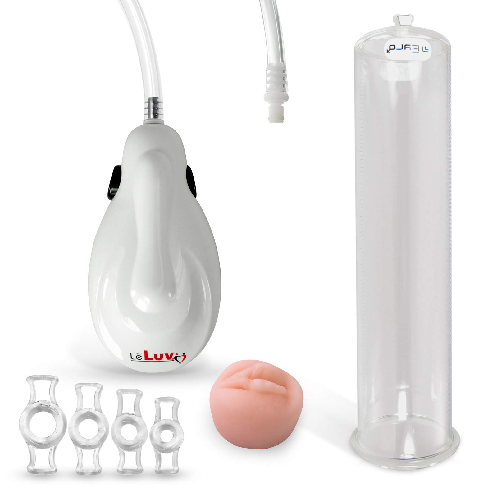 Bomba de pene eléctrica de mano LeLuv eGrip blanca con sello de silicona suave tipo dona y 4 tamaños de anillo de constricción, cilindro de 12 x 2,75 pulgadas