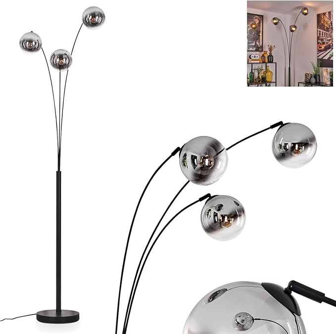 hofstein Gastor floor lamp, metal/glass floor lamp in black/chrome/clear, modern retro/vintage design with glass shade (Ø 15cm) and footrest, height 210cm, 3x E14, bulbs not included