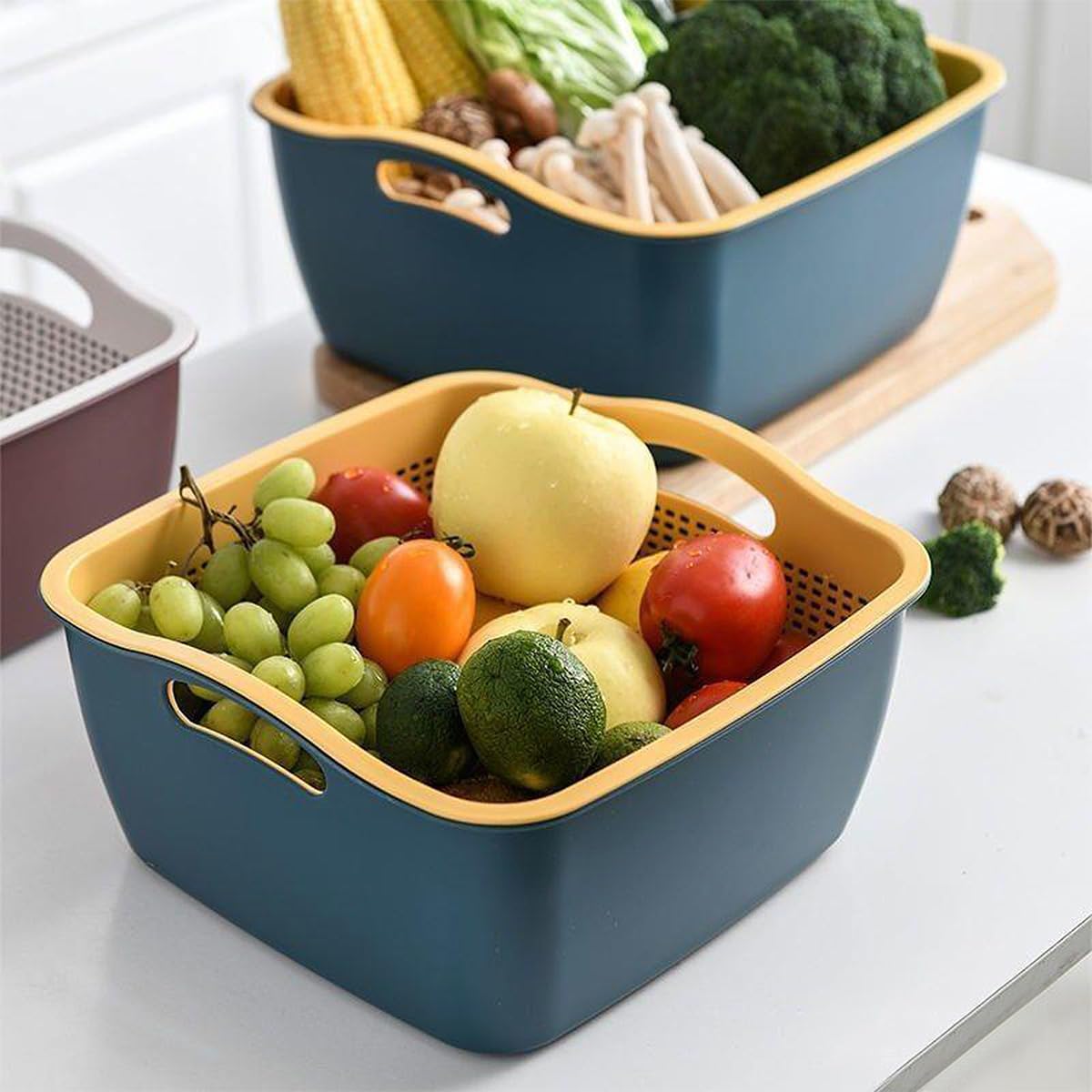 Doppelschichtiger Abtropfkorb aus Kunststoff für Obst und Gemüse, Wäschekorb für Küche (blau)