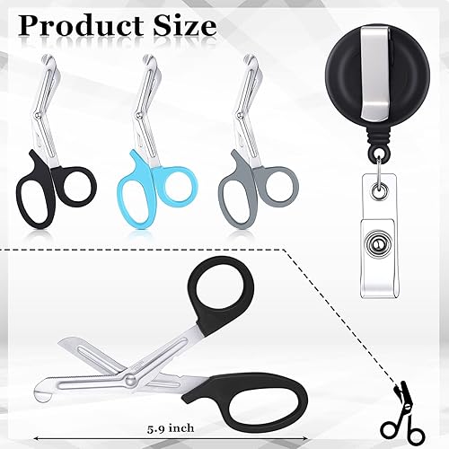 Miniatura 9 de Chumia Tijeras de acero inoxidable, 3 unidades, tamaño compacto, tamaño de bolsillo, tijeras de enfermería con 3 carretes retráctiles, tijeras de