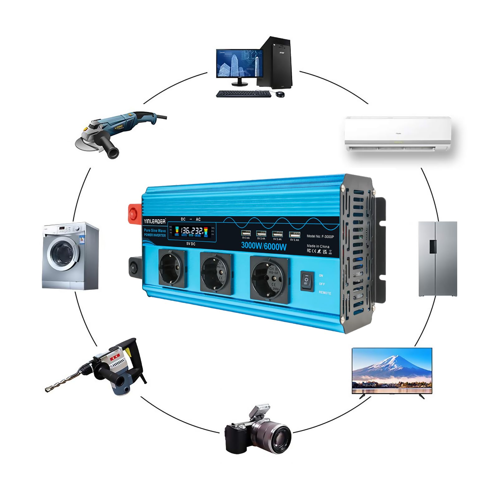 Inversor de Corriente Onda Pura 3000W Transformador De 12v A 230v con 3 Tomas de CA y 4 x USB LCD, Control Remoto inalámbrico