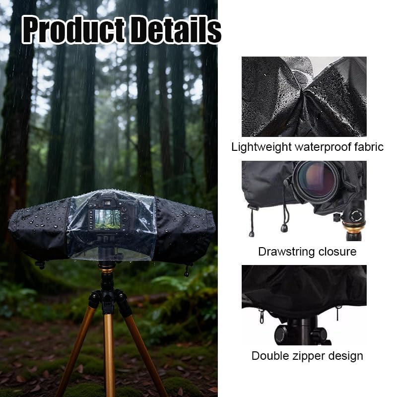 Housse de Pluie Imperméable en Nylon pour Appareils Photo Reflex DSLR, Protection Anti-Pluie Compatible avec Fujifilm, Nikon, Canon, Sony avec Fenêtre Transparent et Manches Réglables
