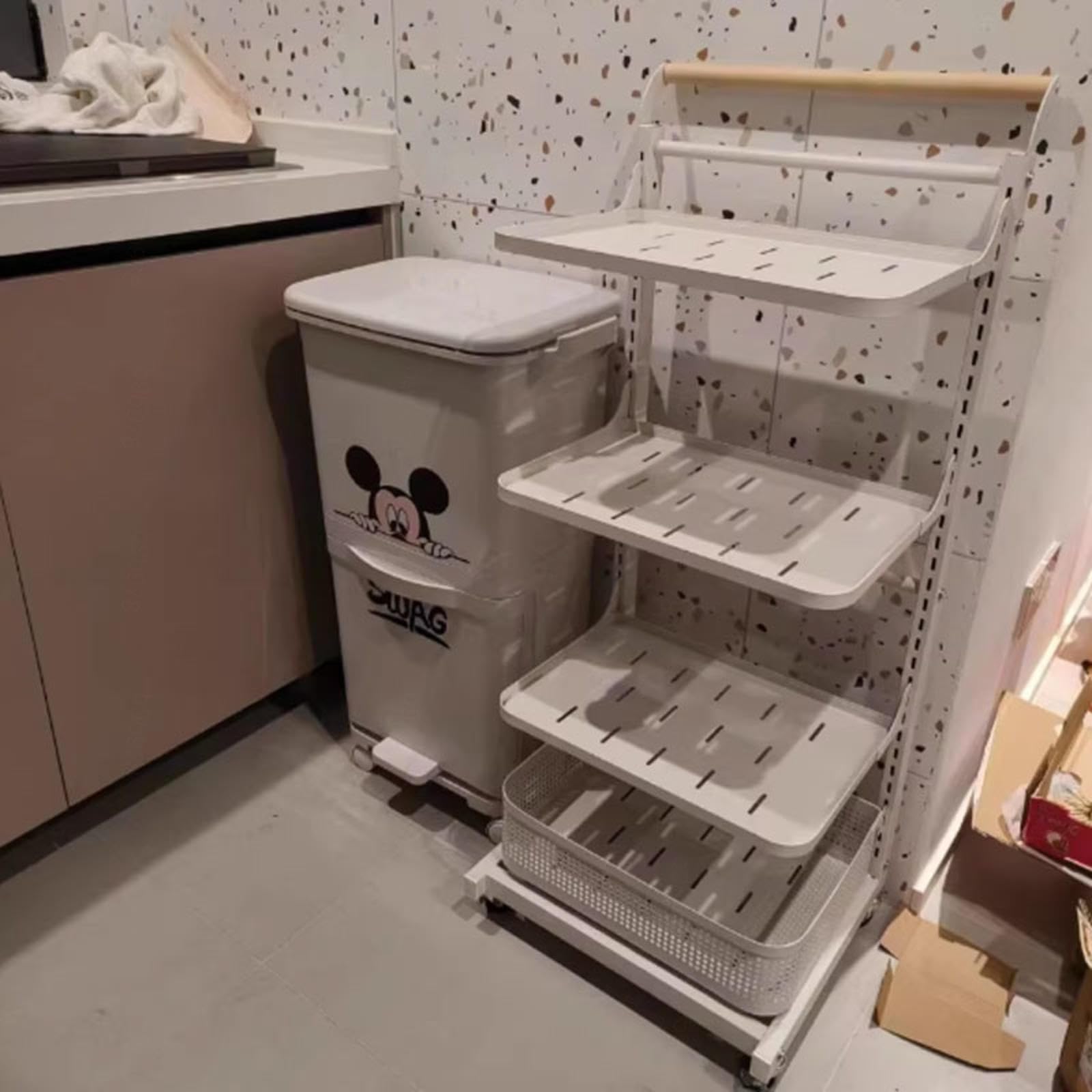 Soporte para tapa de sartén con ruedas, almacenamiento ajustable para ollas y sartenes, diseño elegante blanco y negro de 4 x 4 para un fácil acceso